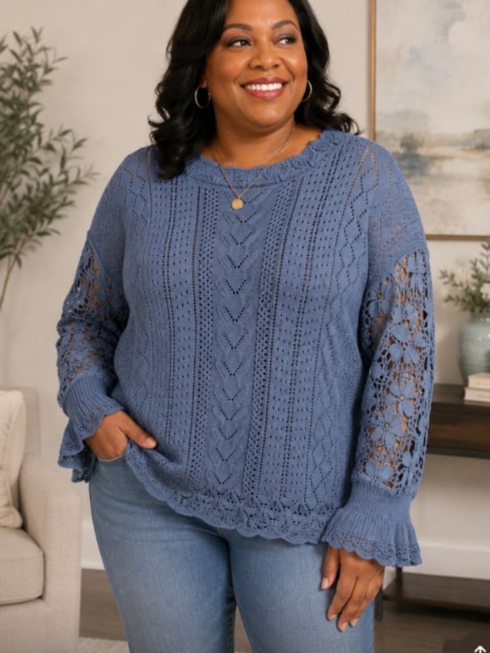 Exquisite Women’s XL Dusty Blue Openwork Knit Crochet Lace Sleeve Sweater